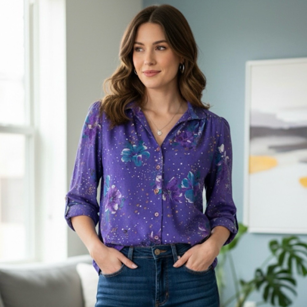 FILISA Of CALIFORNIA Floral Button Front Blouse, Women’s L possibly, Purple